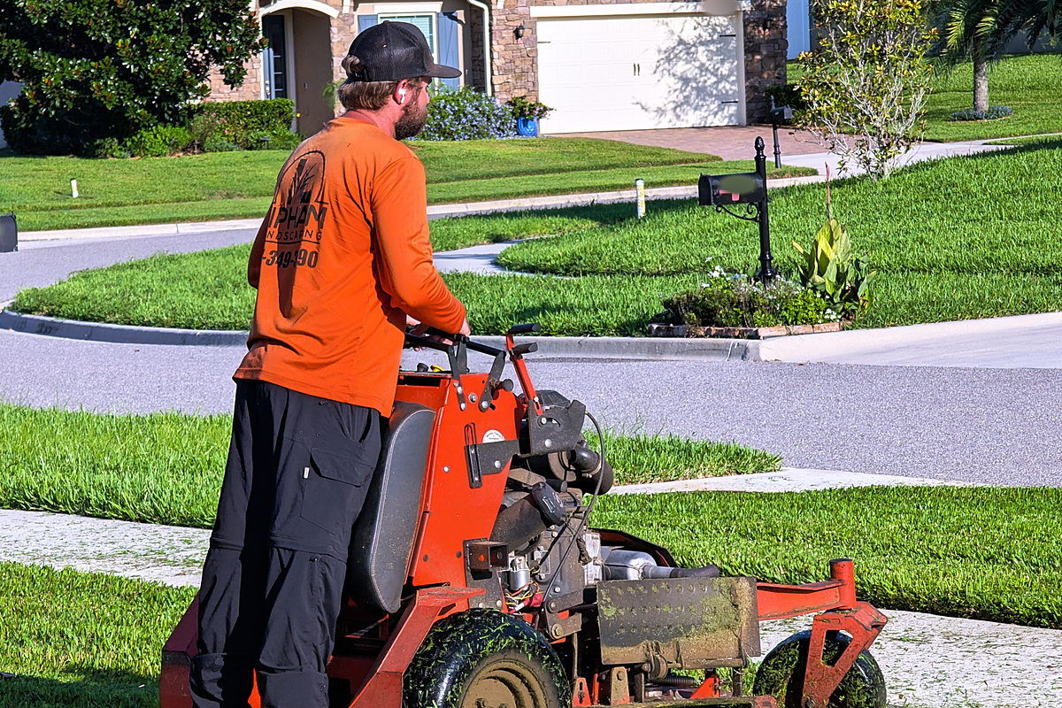 A Lipham Landscaping crew member mowing a front lawn, company logo and phone number on the back of his shirt
